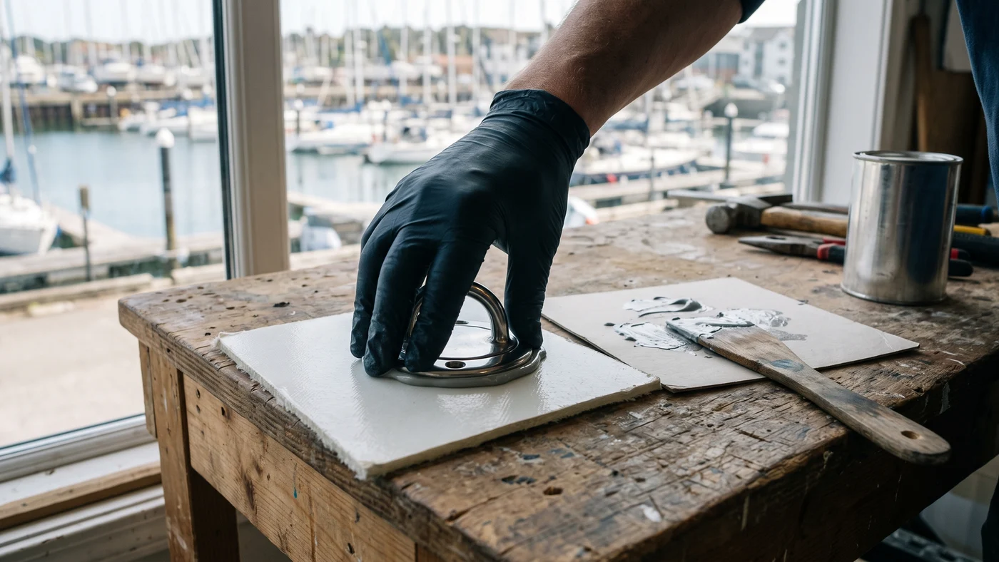 Gloved hand pressing a stainless steel pad-eye fitting onto a white fibreglass panel beside a marina window, mixed epoxy on a card and a spatula nearby