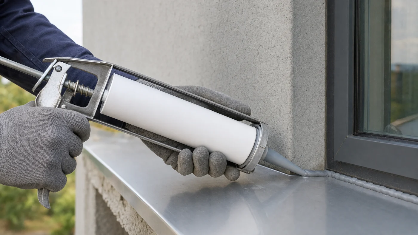 Two gloved hands holding a caulking gun and laying a smooth grey sealant bead along the joint between an aluminium window sill and the frame on a concrete wall