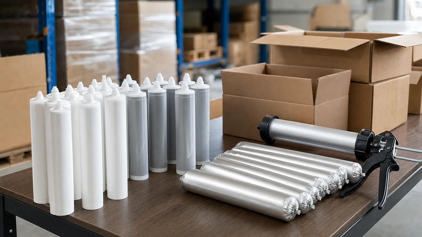 Distributor packing table with plain unmarked silicone cartridges in white and translucent grey beside silver foil sausage packs and a bulk caulking gun