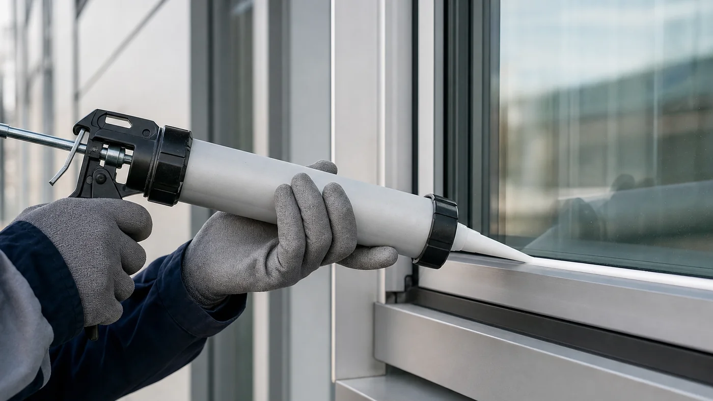 Exterior window perimeter: gloved hand applying a neat white silicone bead along the joint between glass and aluminium frame on a building facade in daylight