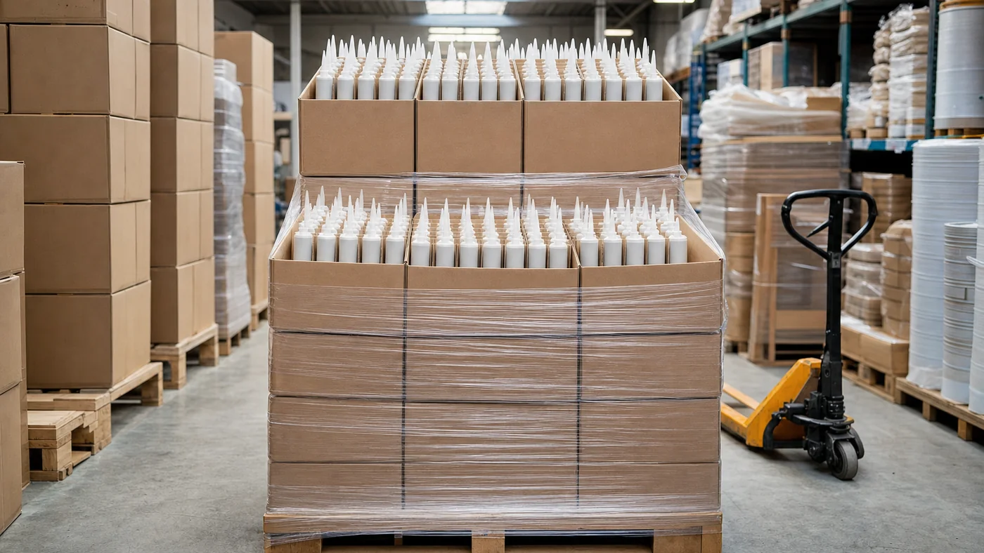 Building-materials warehouse with shrink-wrapped pallets of plain brown cartons of sealant cartridges, aisle under skylight lighting