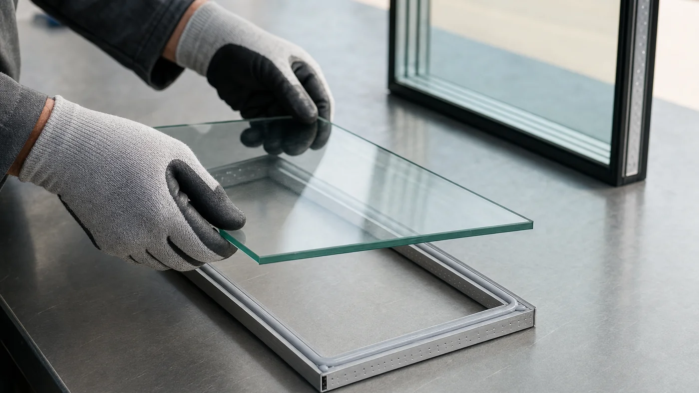 Gloved hands placing a clear glass lite onto a spacer frame with a fresh grey secondary sealant perimeter on a steel table, a finished double-glazed unit standing behind