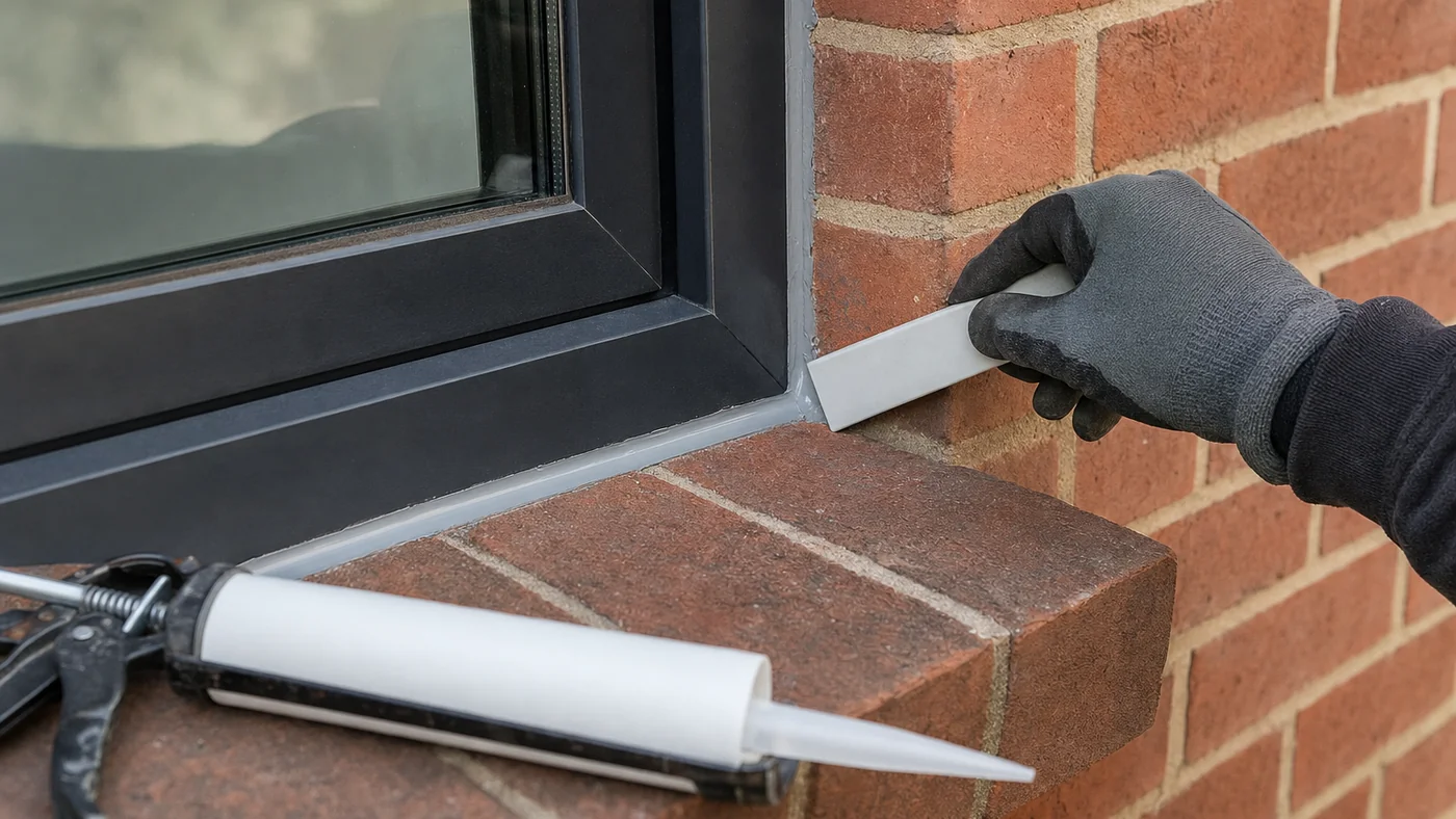 Gloved hand tooling a smooth silicone bead with a plastic spatula along the exterior perimeter of an aluminium window in a brick wall, caulking gun on the sill