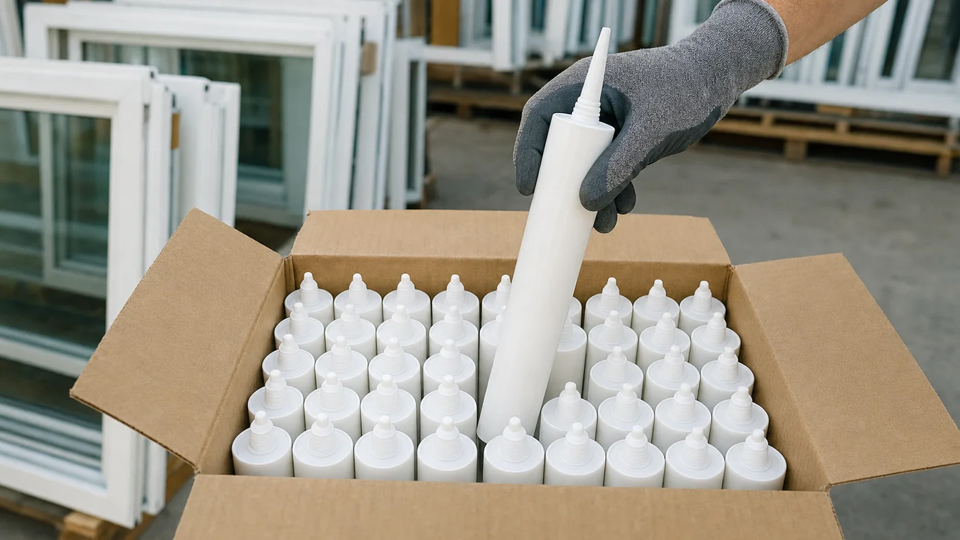 Open carton of plain white and clear silicone cartridges on a warehouse shelf, a gloved hand lifting one cartridge, window frames on pallets behind