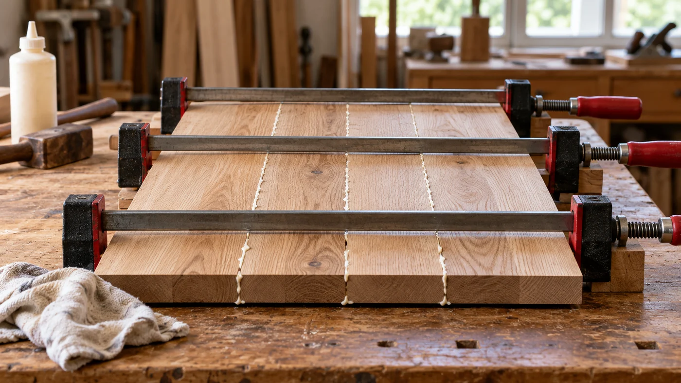 Oak boards edge-glued into a flat panel held by three steel parallel bar clamps, small beads of white glue squeezed out along each glue line