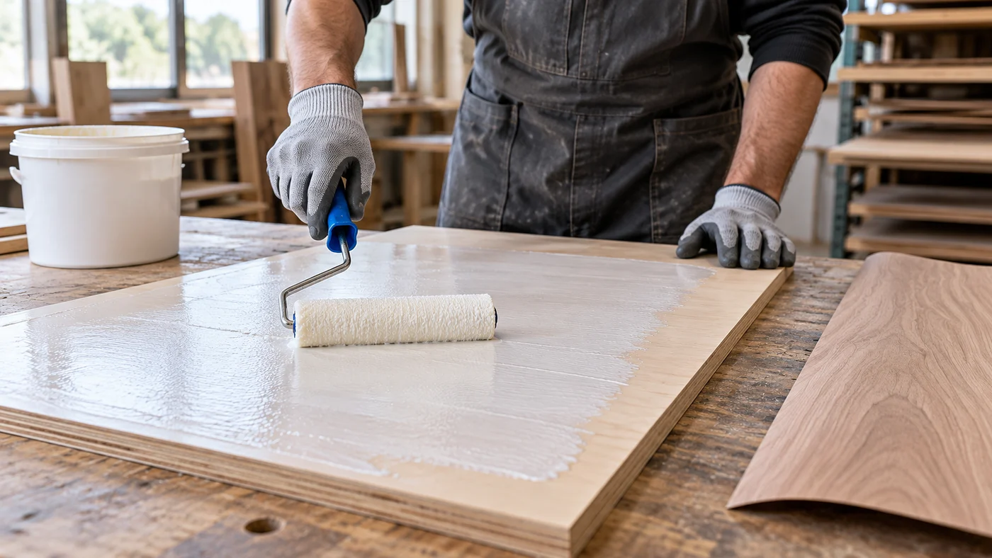 Gloved hand rolling an even film of white wood glue across a birch plywood panel with a short roller, a sheet of veneer waiting beside it
