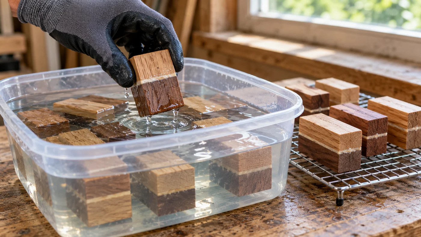 Glued hardwood test blocks submerged in a clear tray of water with a row of bonded blocks drying on a wire rack, a gloved hand lifting a wet block out